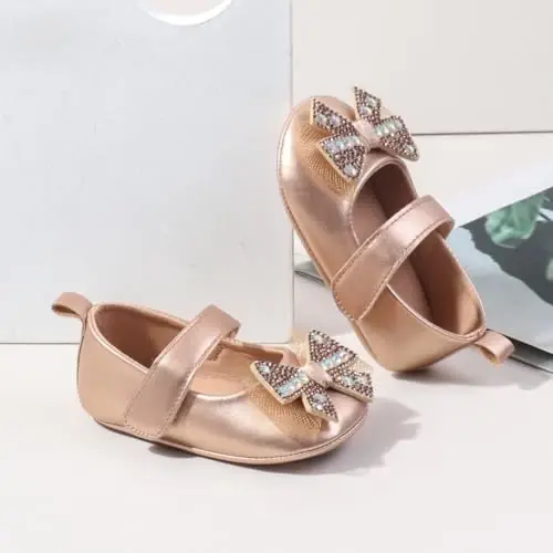 Bellocasa Baby Mary Jane Flats for Girls with Bowknot Cotton Anti Skid Sole Infant First Walker Princess Dress Crib Wedding Shoes - 5