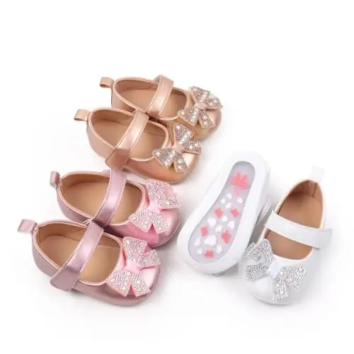 Bellocasa Baby Mary Jane Flats for Girls with Bowknot Cotton Anti Skid Sole Infant First Walker Princess Dress Crib Wedding Shoes - 6