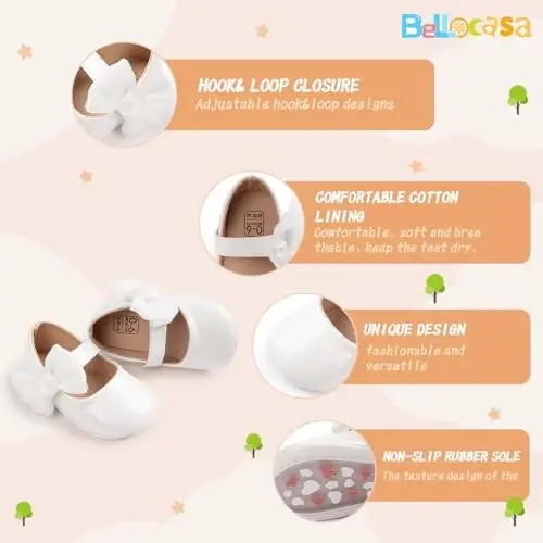 Bellocasa Baby Mary Jane Flats for Girls with Bowknot Cotton Anti Skid Sole Infant First Walker Princess Dress Crib Wedding Shoes - 5