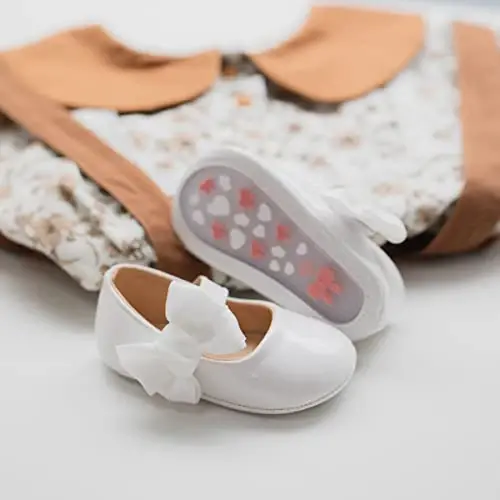 Bellocasa Baby Mary Jane Flats for Girls with Bowknot Cotton Anti Skid Sole Infant First Walker Princess Dress Crib Wedding Shoes - 3