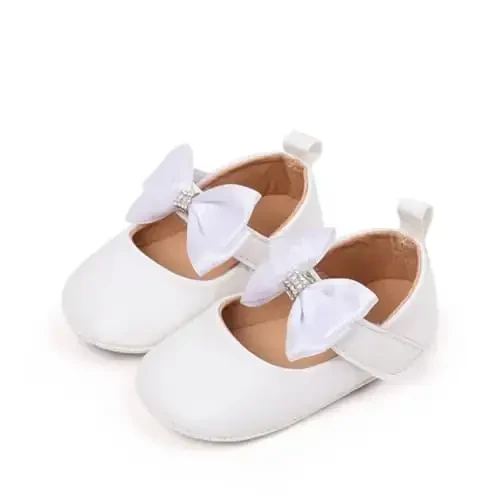 Bellocasa Baby Mary Jane Flats for Girls with Bowknot Cotton Anti Skid Sole Infant First Walker Princess Dress Crib Wedding Shoes - BELLOCASA