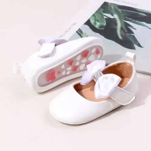 Bellocasa Baby Mary Jane Flats for Girls with Bowknot Cotton Anti Skid Sole Infant First Walker Princess Dress Crib Wedding Shoes - 3