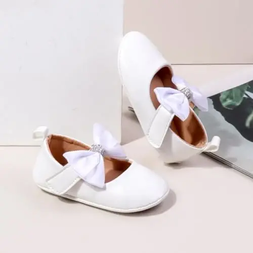 Bellocasa Baby Mary Jane Flats for Girls with Bowknot Cotton Anti Skid Sole Infant First Walker Princess Dress Crib Wedding Shoes - 5
