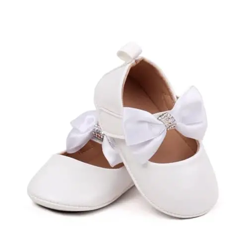 Bellocasa Baby Mary Jane Flats for Girls with Bowknot Cotton Anti Skid Sole Infant First Walker Princess Dress Crib Wedding Shoes - 2