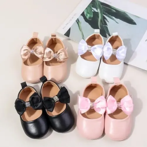 Bellocasa Baby Mary Jane Flats for Girls with Bowknot Cotton Anti Skid Sole Infant First Walker Princess Dress Crib Wedding Shoes - 6