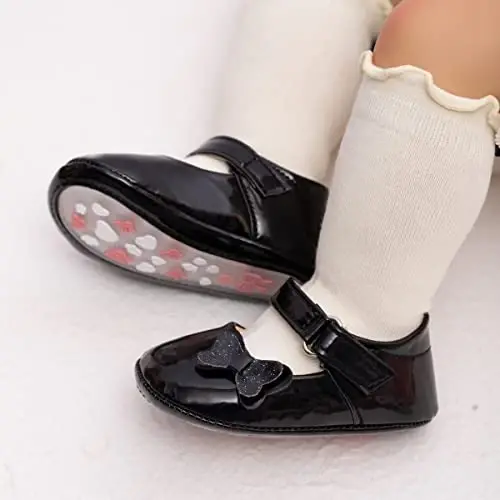 Bellocasa Baby Mary Jane Flats for Girls with Bowknot Cotton Anti Skid Sole Infant First Walker Princess Dress Crib Wedding Shoes - 2