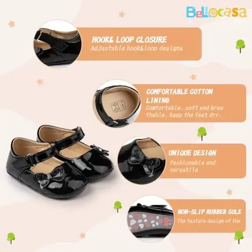Bellocasa Baby Mary Jane Flats for Girls with Bowknot Cotton Anti Skid Sole Infant First Walker Princess Dress Crib Wedding Shoes - 5