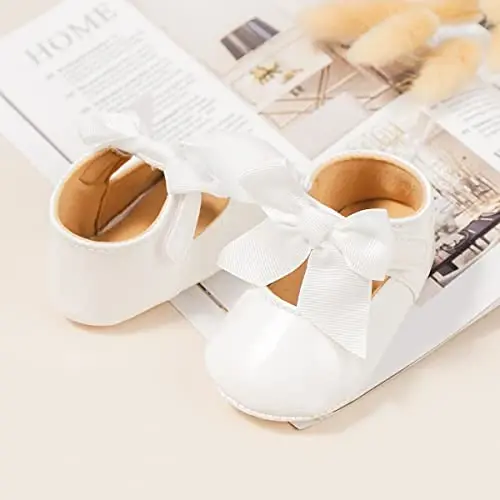 Bellocasa Baby Mary Jane Flats for Girls with Bowknot Cotton Anti Skid Sole Infant First Walker Princess Dress Crib Wedding Shoes - 5