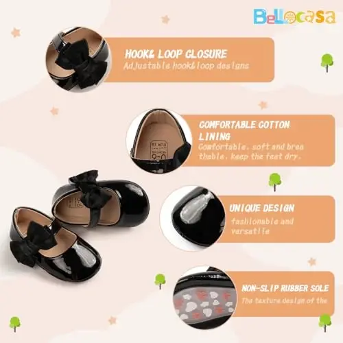 Bellocasa Baby Mary Jane Flats for Girls with Bowknot Cotton Anti Skid Sole Infant First Walker Princess Dress Crib Wedding Shoes - 5