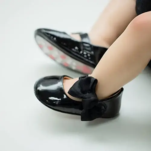 Bellocasa Baby Mary Jane Flats for Girls with Bowknot Cotton Anti Skid Sole Infant First Walker Princess Dress Crib Wedding Shoes - 2