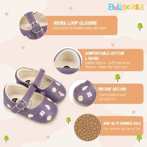 Bellocasa Baby Mary Jane Flats for Girls with Bowknot Cotton Anti Skid Sole Infant First Walker Princess Dress Crib Wedding Shoes - 6