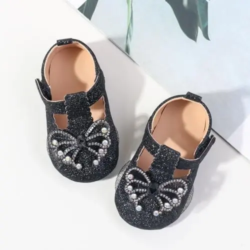 Bellocasa Baby Mary Jane Flats for Girls with Bowknot Cotton Anti Skid Sole Infant First Walker Princess Dress Crib Wedding Shoes - 2