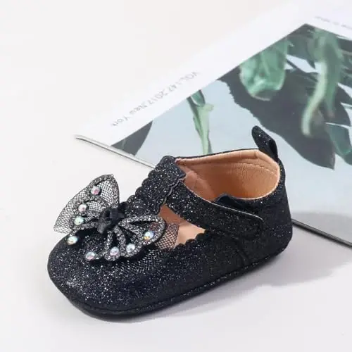 Bellocasa Baby Mary Jane Flats for Girls with Bowknot Cotton Anti Skid Sole Infant First Walker Princess Dress Crib Wedding Shoes - 3