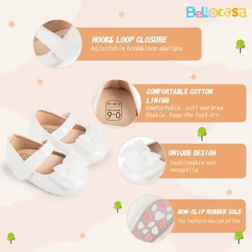 Bellocasa Baby Mary Jane Flats for Girls with Bowknot Cotton Anti Skid Sole Infant First Walker Princess Dress Crib Wedding Shoes - 5