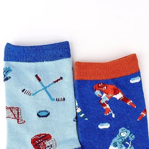 Belloxis Funny Athletic Socks 5 Pcs, Multi-Sport Design (Basketball, Baseball, Soccer, Hockey), Crew Socks for Boys Girl - 5