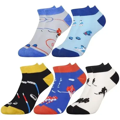 Belloxis Funny Athletic Socks 5 Pcs, Multi-Sport Design (Basketball, Baseball, Soccer, Hockey), Crew Socks for Boys Girl 