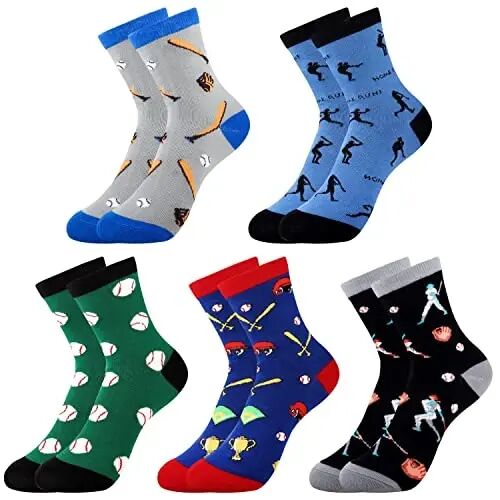 Belloxis Funny Athletic Socks 5Pcs, Multi-Sport Gifts for 8-12 Boys Girl | Cotton Socks, Basketball, Baseball, Soccer, Hockey Crew Socks for Boys Girl Gifts - BELLOXIS