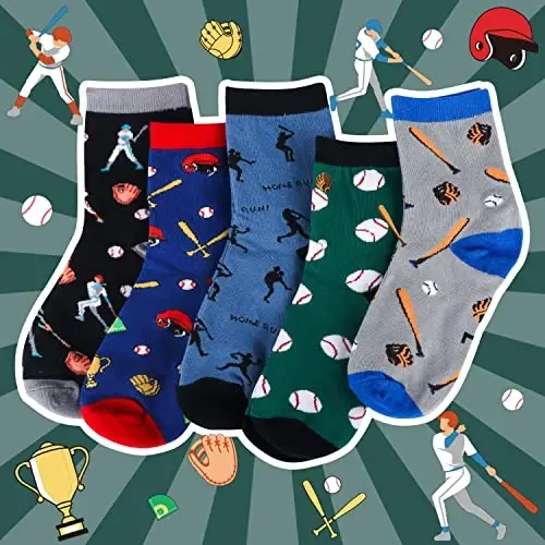 Belloxis Funny Athletic Socks 5Pcs, Multi-Sport Gifts for 8-12 Boys Girl | Cotton Socks, Basketball, Baseball, Soccer, Hockey Crew Socks for Boys Girl Gifts - BELLOXIS (1)
