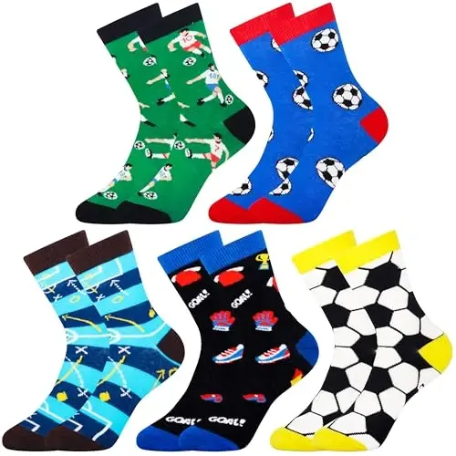 Belloxis Funny Athletic Socks 5 Pcs, Multi-Sport Design (Basketball, Baseball, Soccer, Hockey), Crew Socks for Boys Girl 