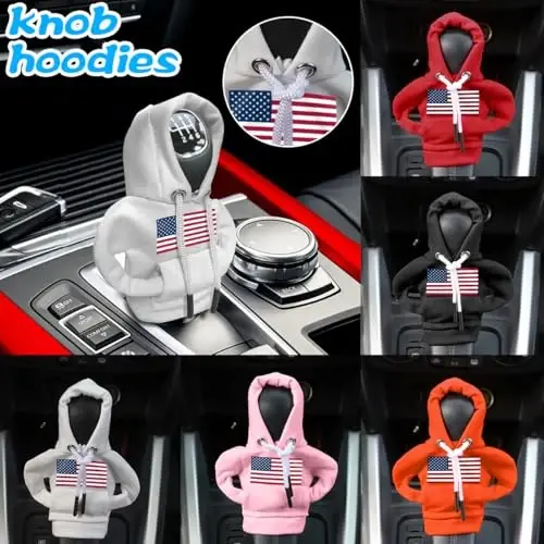 BELOMI Ameican Flag Car Gear Shift Hoodie, Sweater Vehicle Gearshift Protector, Patriotic Automotive Interior Shifter Stick Cover Decoration Accessories, Universal for SUV, Sedan, Truck (Black, 2PCS) - 5