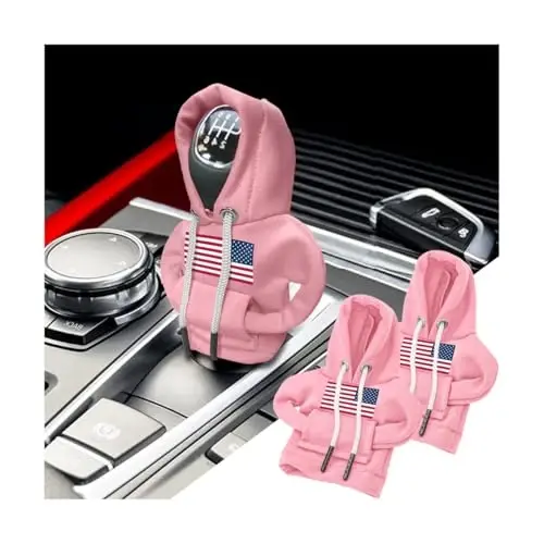 BELOMI Ameican Flag Car Gear Shift Hoodie, Sweater Vehicle Gearshift Protector, Patriotic Automotive Interior Shifter Stick Cover Decoration Accessories, Universal for SUV, Sedan, Truck (Pink, 2PCS) - 1