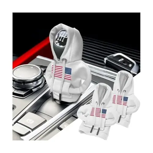 BELOMI Ameican Flag Car Gear Shift Hoodie, Sweater Vehicle Gearshift Protector, Patriotic Automotive Interior Shifter Stick Cover Decoration Accessories, Universal for SUV, Sedan, Truck (White, 2PCS) - 1