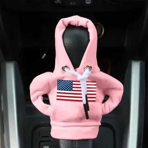 BELOMI Ameican Flag Car Gear Shift Hoodie, Sweater Vehicle Gearshift Protector, Patriotic Automotive Interior Shifter Stick Cover Decoration Accessories, Universal for SUV, Sedan, Truck (Pink, 2PCS) - 6