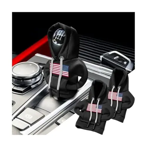 BELOMI Ameican Flag Car Gear Shift Hoodie, Sweater Vehicle Gearshift Protector, Patriotic Automotive Interior Shifter Stick Cover Decoration Accessories, Universal for SUV, Sedan, Truck (Black, 2PCS) 