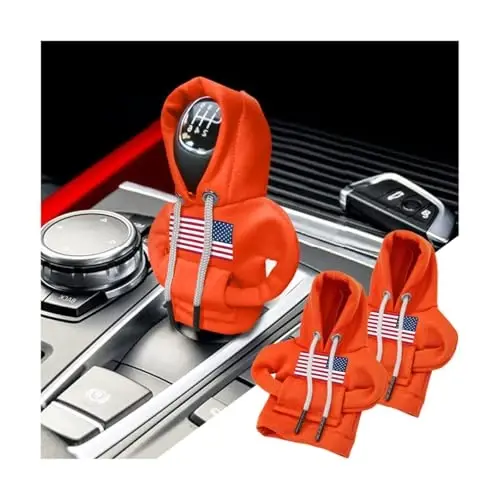 BELOMI Ameican Flag Car Gear Shift Hoodie, Sweater Vehicle Gearshift Protector, Patriotic Automotive Interior Shifter Stick Cover Decoration Accessories, Universal for SUV, Sedan, Truck (Orange, 2PCS) 