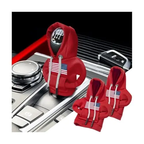 BELOMI Ameican Flag Car Gear Shift Hoodie, Sweater Vehicle Gearshift Protector, Patriotic Automotive Interior Shifter Stick Cover Decoration Accessories, Universal for SUV, Sedan, Truck (Red, 2PCS) 