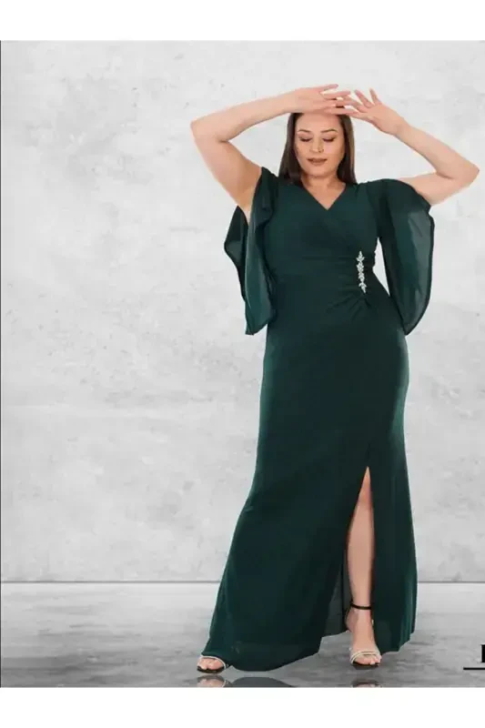 belt accessorized, big size dress with sleeve detail 39715-emerald green - ARIN