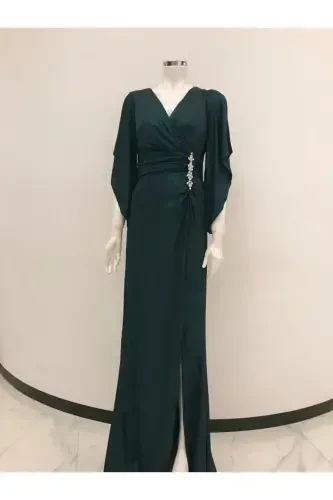 belt accessorized, big size dress with sleeve detail 39715-emerald green - ARIN (1)