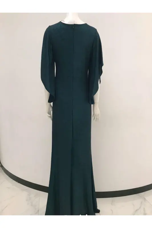 belt accessorized, big size dress with sleeve detail 39715-emerald green - 3