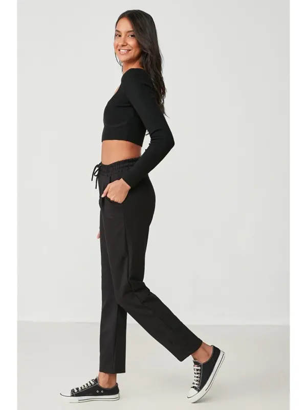 Belt and Hem Pleated Sweatpants 742 Black-Black - 2