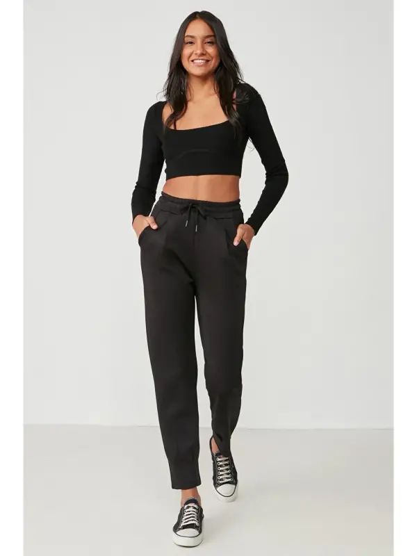 Belt and Hem Pleated Sweatpants 810 Black-Black - LC WAIKIKI
