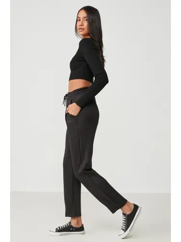 Belt and Hem Pleated Sweatpants 810 Black-Black - 4