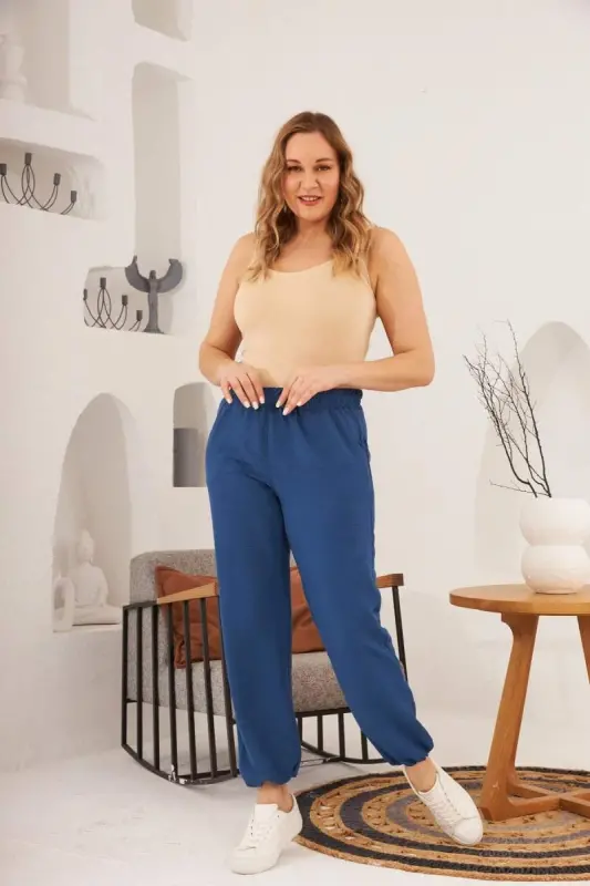 Belt and Leg Elastic Aerobin Plus Size Navy Blue Pants - 5