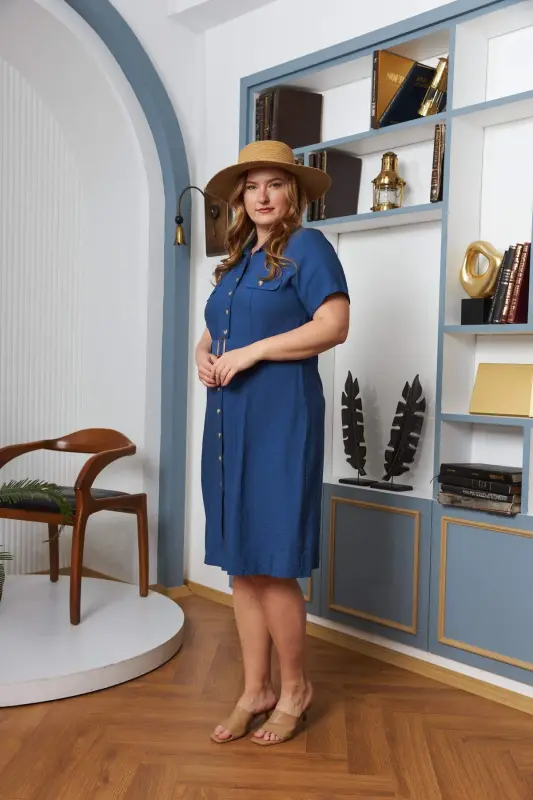 Belt and Pocket Detail Buttoned Short Sleeve Plus Size Dress - Sapphire - 2