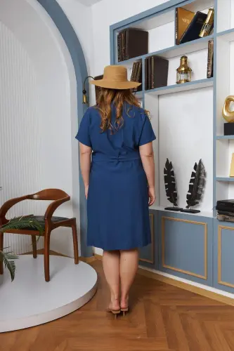 Belt and Pocket Detail Buttoned Short Sleeve Plus Size Dress - Sapphire - 4