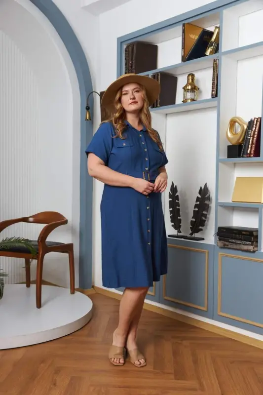 Belt and Pocket Detail Buttoned Short Sleeve Plus Size Dress - Sapphire - BÜYÜKBEDENIZ