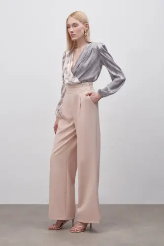 Belt Detailed Pocketed Pants - Beige-BEIGE - SATEEN (1)