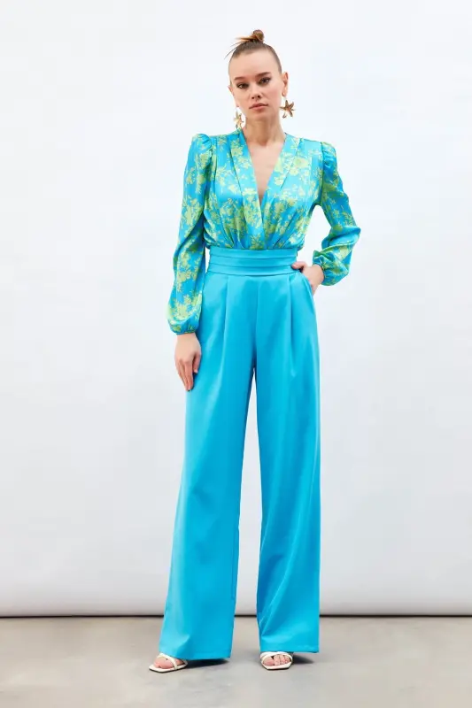 Belt Detailed Pocketed Pants - Blue-BLUE - 1