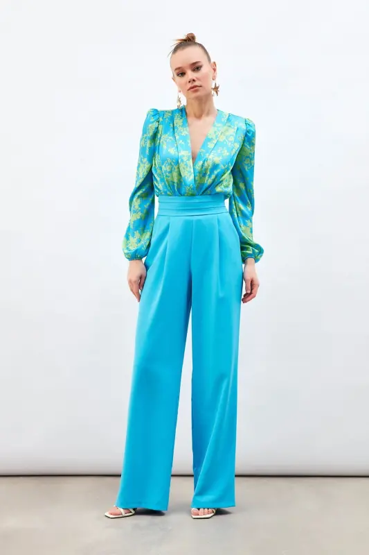 Belt Detailed Pocketed Pants - Blue-BLUE - 2