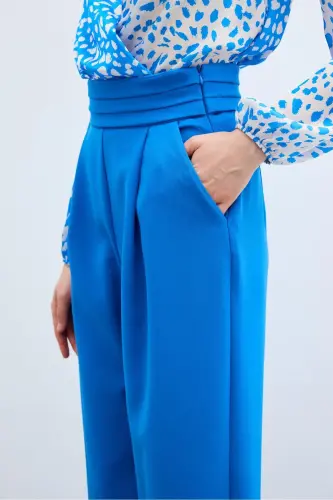 Belt Detailed Pocketed Pants - Indigo-INDIGO - 4