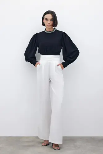 Belt Detailed Pocketed Trousers - Ecru-ECRU - 1