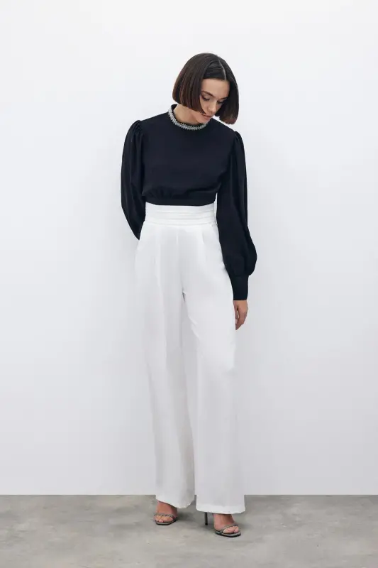 Belt Detailed Pocketed Trousers - Ecru-ECRU - 2