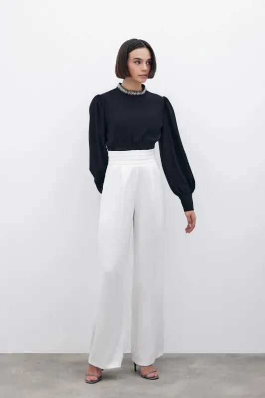 Belt Detailed Pocketed Trousers - Ecru-ECRU - 3