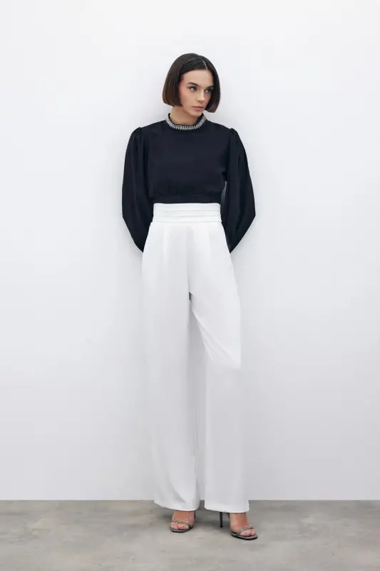 Belt Detailed Pocketed Trousers - Ecru-ECRU - 4