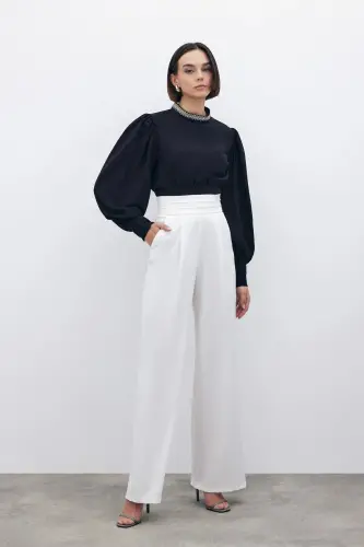 Belt Detailed Pocketed Trousers - Ecru-ECRU - 5
