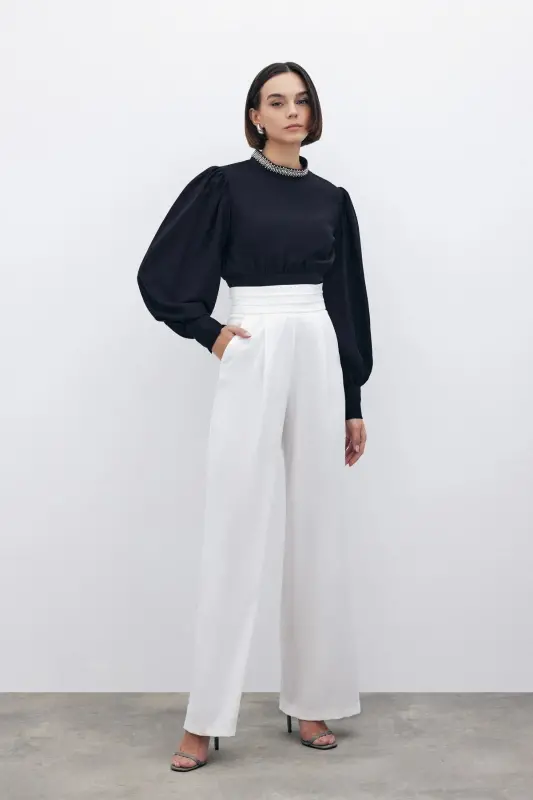 Belt Detailed Pocketed Trousers - Ecru-ECRU - 5